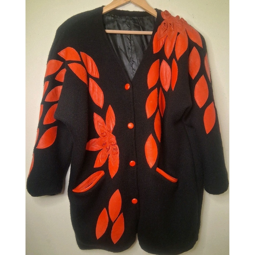 Vintage 80s Sweater Cardigan‎ Red Leather Roses Retro Stranger Things Aesthetic - Picture 2 of 15
